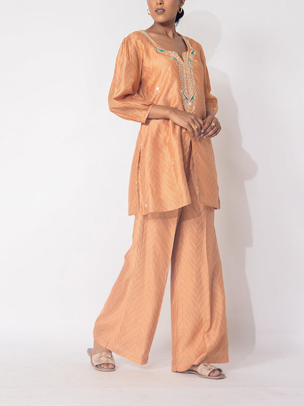 Peach Vasansi Silk Embroidered Vasansi Silk Printed Co-ord Set