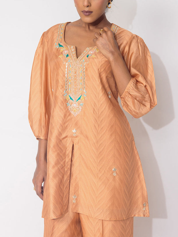 Peach Vasansi Silk Embroidered Vasansi Silk Printed Co-ord Set