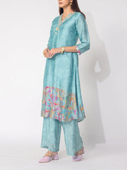 Sea Green  Embroidered Vasansi Silk Printed Kurta and Pant Set