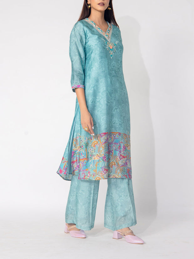 Sea Green  Embroidered Vasansi Silk Printed Kurta and Pant Set