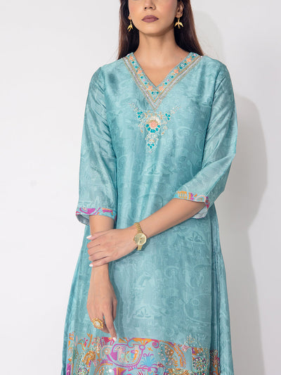 Sea Green  Embroidered Vasansi Silk Printed Kurta and Pant Set