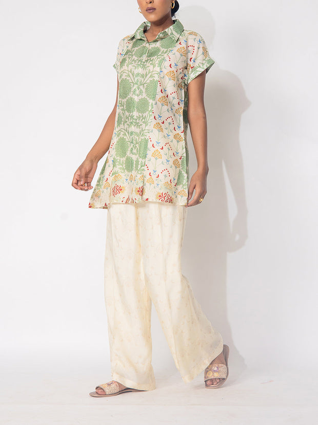 Off- White and Green Vasansi Silk Printed Top