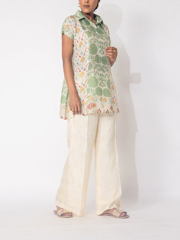 Off- White and Green Vasansi Silk Printed Top