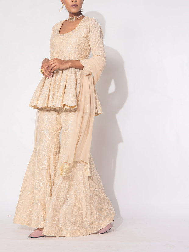 Beige Wrinkle Crepe Sharara Set