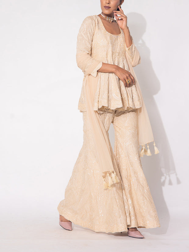 Beige Wrinkle Crepe Sharara Set