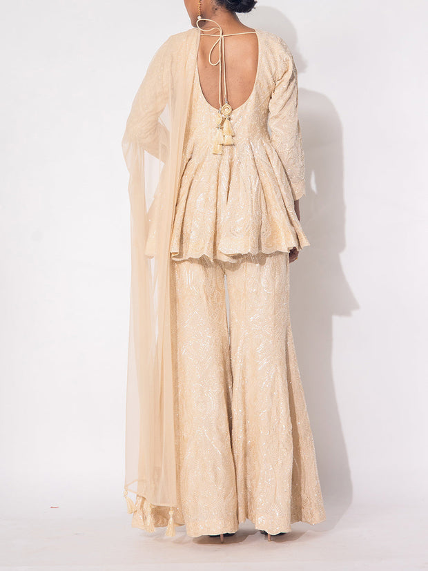 Beige Wrinkle Crepe Sharara Set