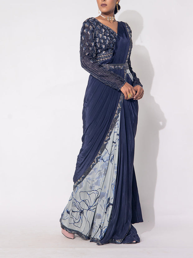 Dark Blue Silk Drape Saree