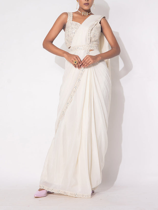 White Silk Drape Saree