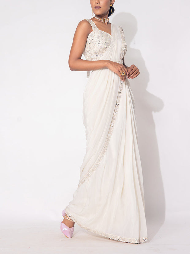 White Silk Drape Saree