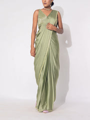 Green Satin Silk Drape Saree