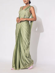 Green Satin Silk Drape Saree