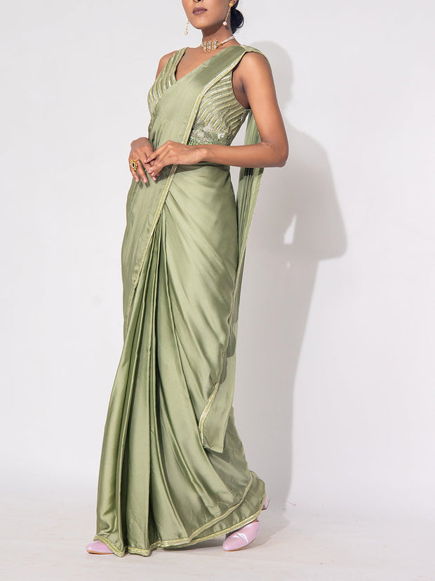 Green Satin Silk Drape Saree