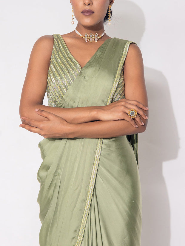 Green Satin Silk Drape Saree