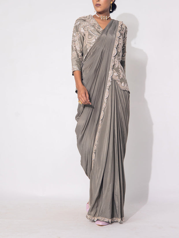 Grey Crep Drape Saree