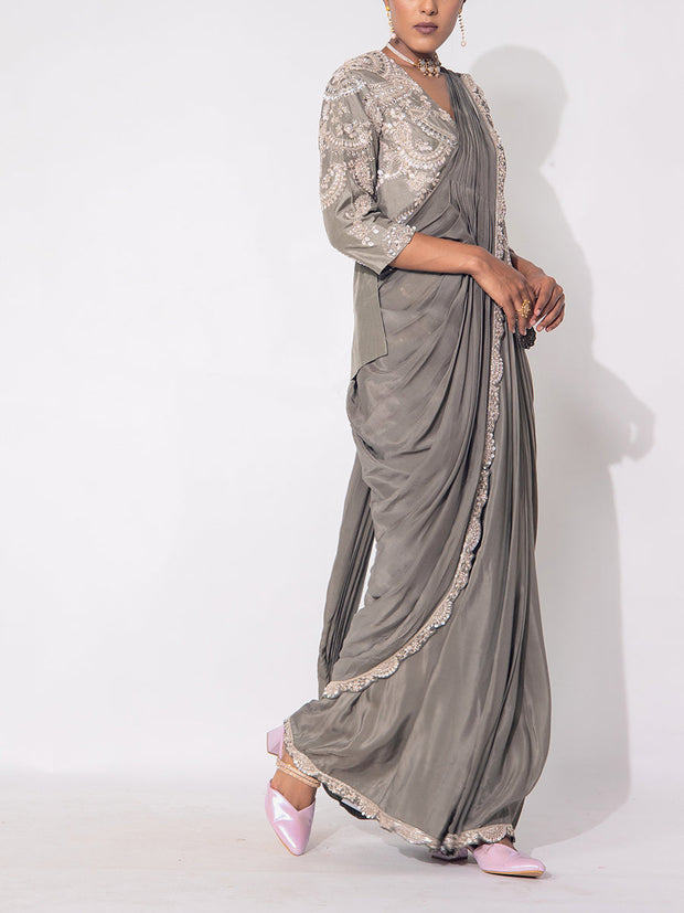Grey Crep Drape Saree