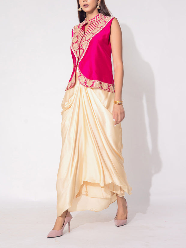 Pink And Off White Silk Jacket Set