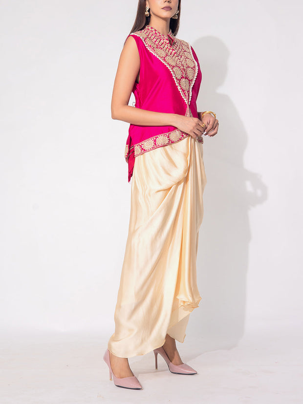 Pink And Off White Silk Jacket Set