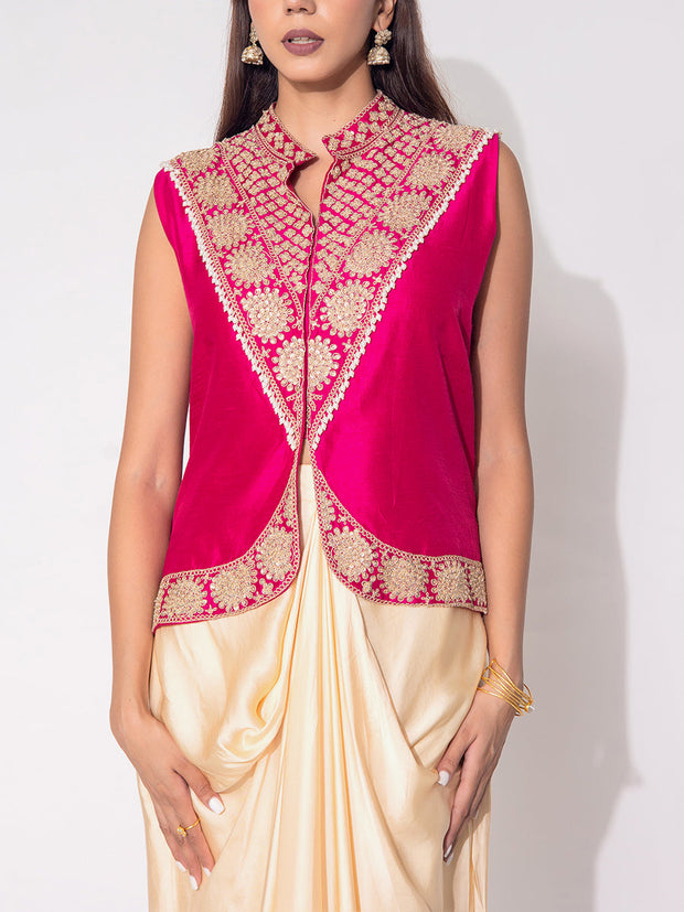 Pink And Off White Silk Jacket Set