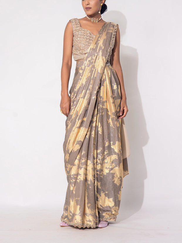 Brown and Golden Shimmer Drape Saree