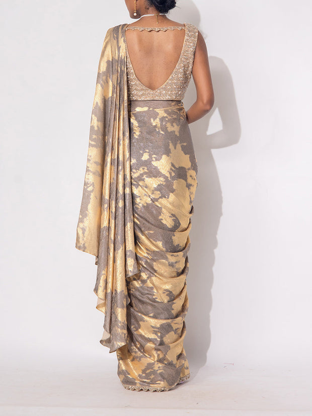 Brown and Golden Shimmer Drape Saree