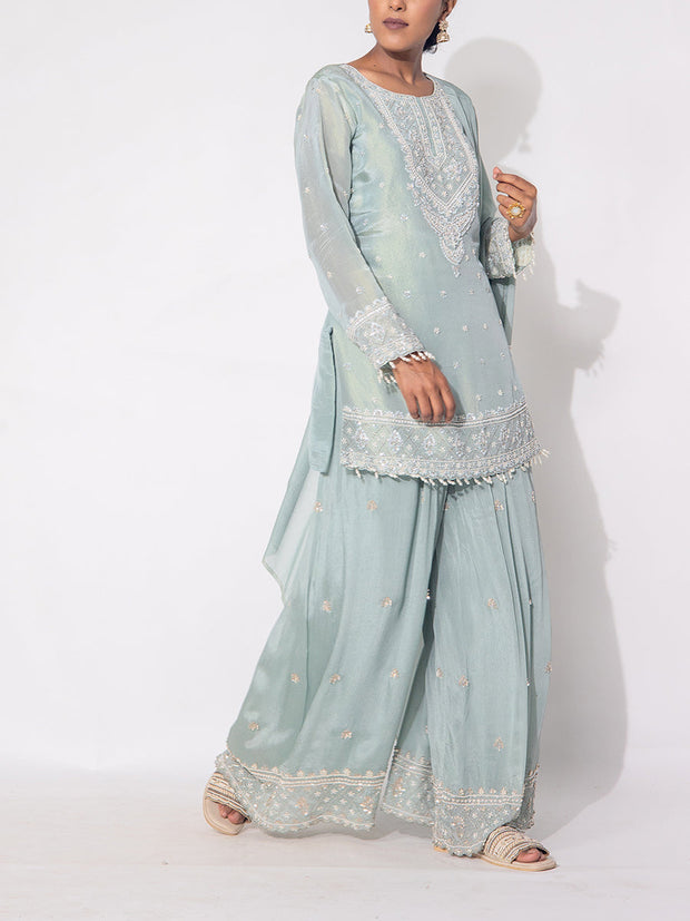 Pastel Mint Green Tissue Sharara Set