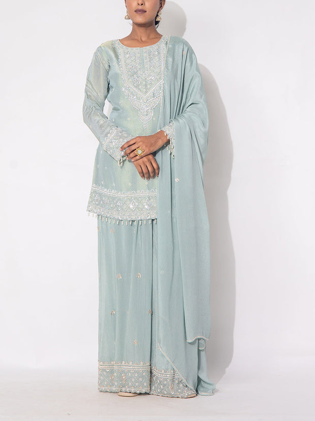 Pastel Mint Green Tissue Sharara Set