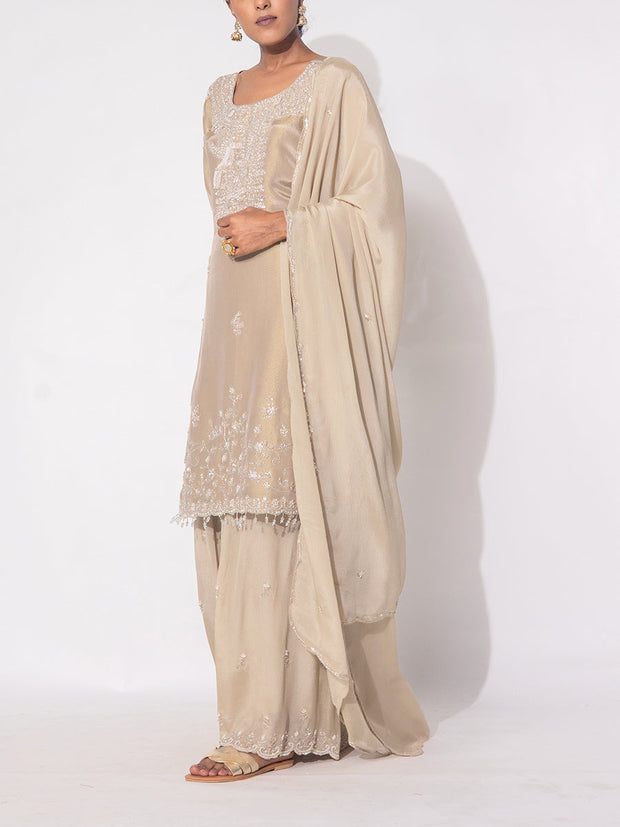 Beige Tissue Sharara Set