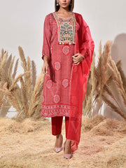 Red Embroidered Satin Bandhani Suit Set