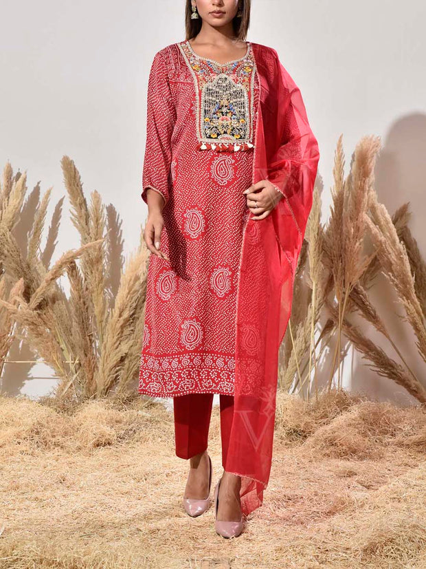 Red Embroidered Satin Bandhani Suit Set
