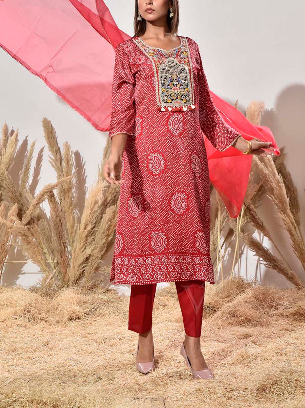 Red Embroidered Satin Bandhani Suit Set