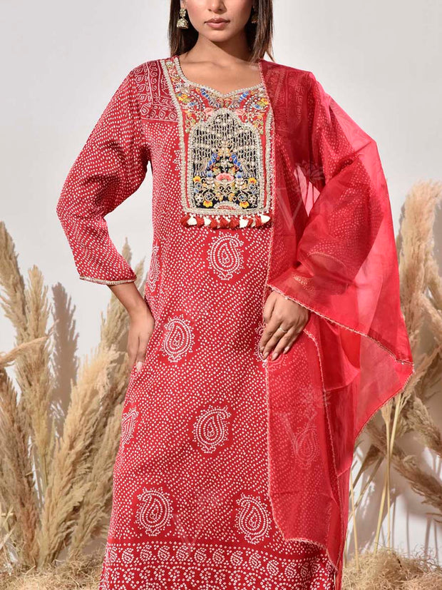 Red Embroidered Satin Bandhani Suit Set