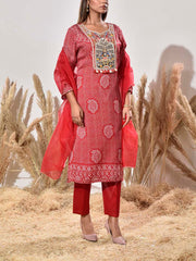 Red Embroidered Satin Bandhani Suit Set