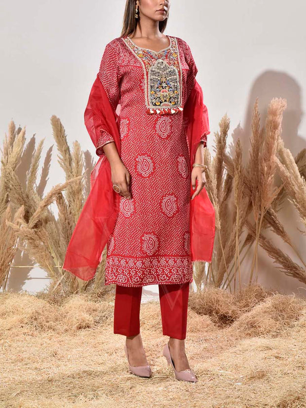 Red Embroidered Satin Bandhani Suit Set
