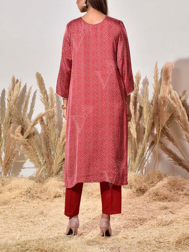 Red Embroidered Satin Bandhani Suit Set
