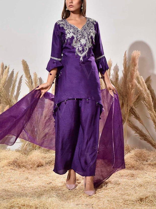 Violet Embroidered Silk Suit Set
