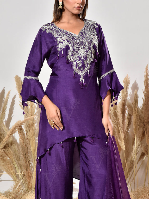 Violet Embroidered Silk Suit Set