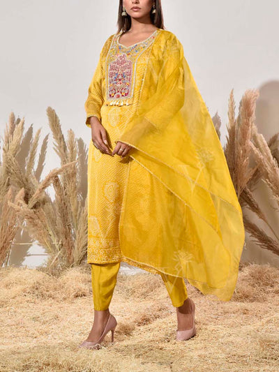 Yellow Embroidered Bandhani Satin Suit Set