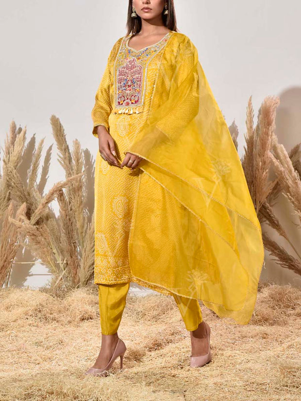 Yellow Embroidered Bandhani Satin Suit Set