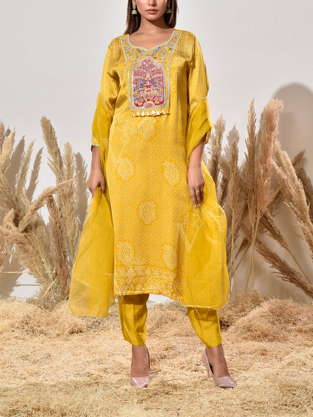 Yellow Embroidered Bandhani Satin Suit Set