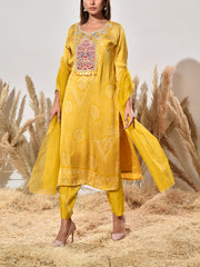 Yellow Embroidered Bandhani Satin Suit Set