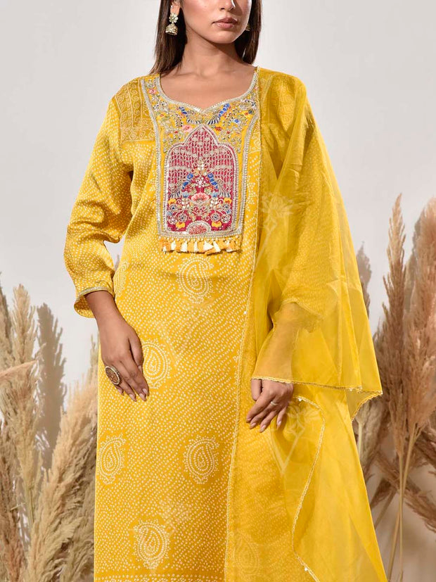 Yellow Embroidered Bandhani Satin Suit Set