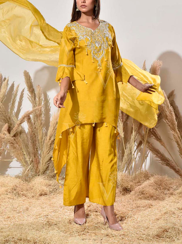 Yellow Embroidered Silk Suit Set