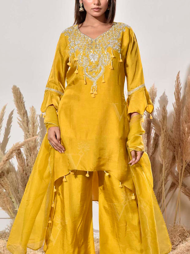 Yellow Embroidered Silk Suit Set