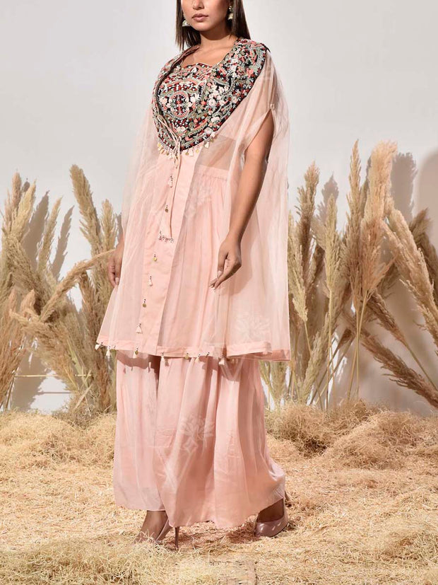 Blush Pink Embroidered Organza Jacket and Palazzo Set