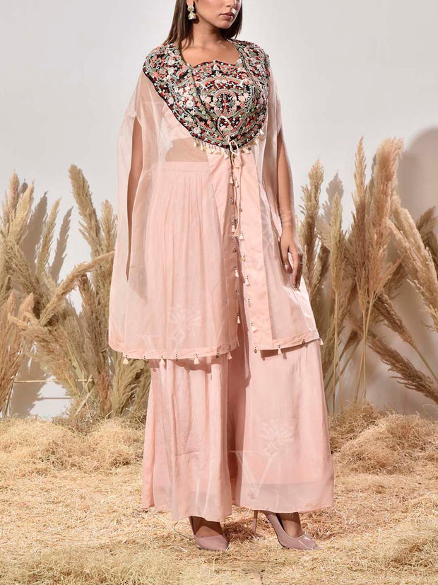 Blush Pink Embroidered Organza Jacket and Palazzo Set