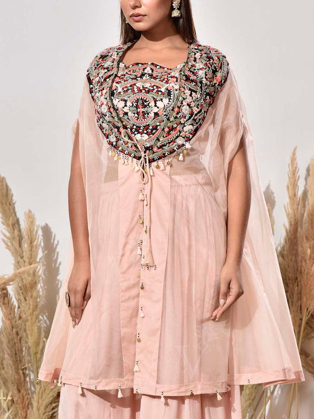 Blush Pink Embroidered Organza Jacket and Palazzo Set