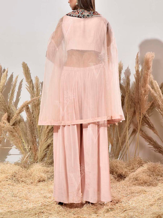 Blush Pink Embroidered Organza Jacket and Palazzo Set