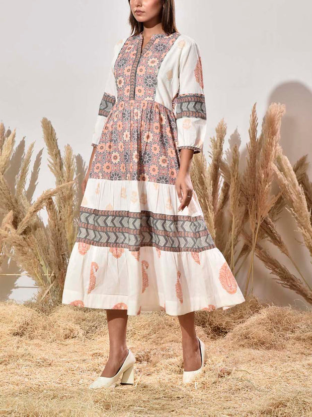 White and Grey Cotton Printed Dress