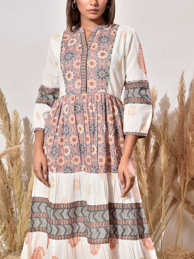 White and Grey Cotton Printed Dress