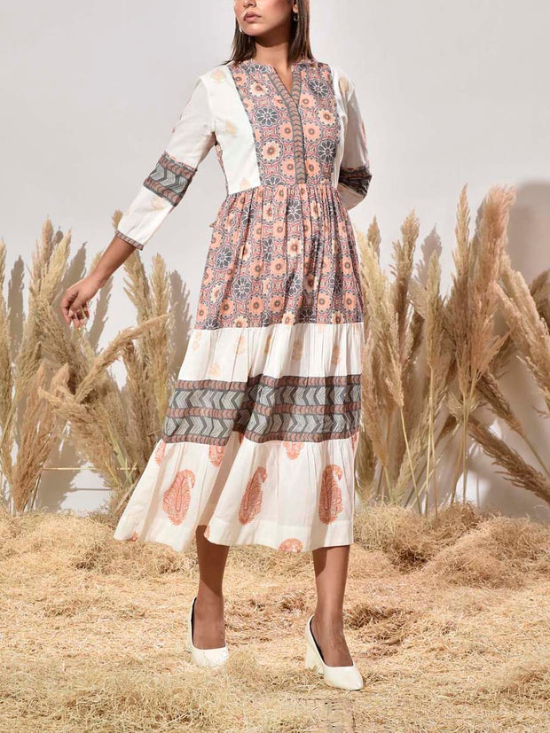 White and Grey Cotton Printed Dress